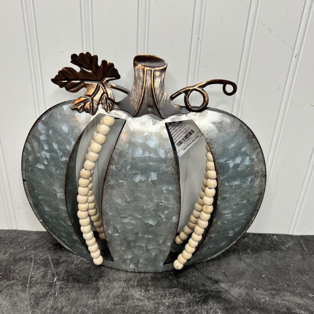 Galvanized Metal Wood Bead Pumpkin | Autumn Fall Harvest Thanksgiving Farmhouse